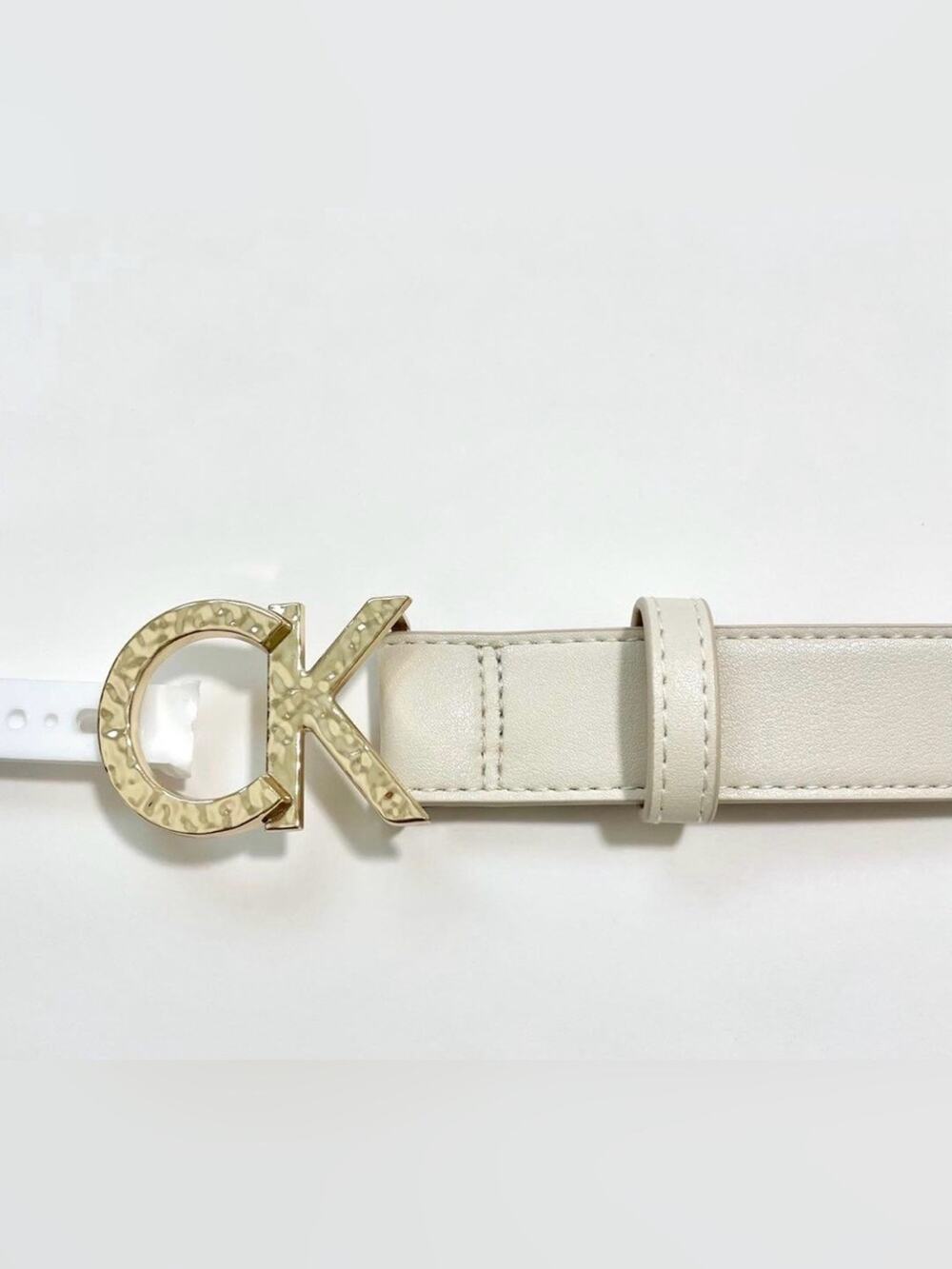 NEW Calvin Klein Cream BONE Leather Belt Gold HAMMERED CK Buckle SZ LRG